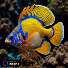 an orange and blue fish swimming in the ocean