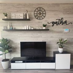 there is a television on top of the entertainment center in this living room with shelves and plants