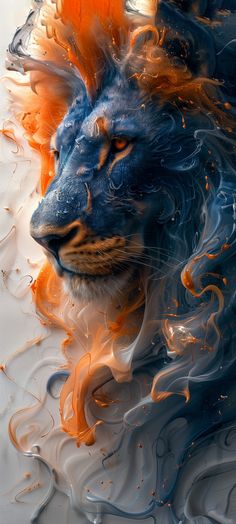 a lion with orange and blue feathers on it's head is surrounded by water