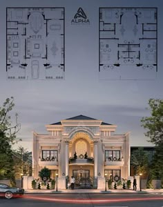 an architectural rendering of the front and back of a building