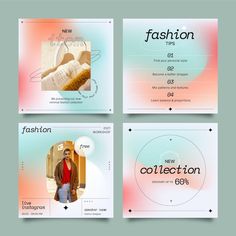 four different business cards with the words fashion, new collection and men's clothing on them