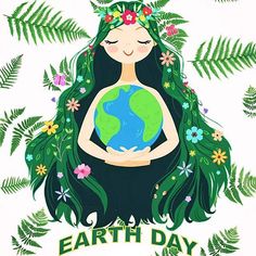 a woman with long hair holding the earth in her hands and flowers around her neck