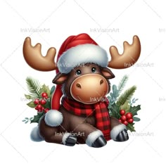 a moose wearing a santa claus hat and scarf sitting on the ground with holly branches