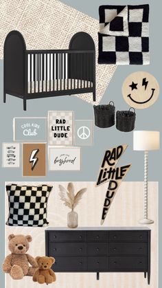 a baby's room with black and white decor