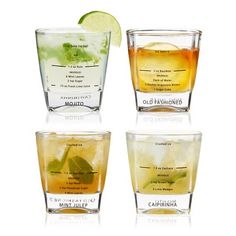 four glasses with different types of drinks in them