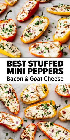 Bacon and goat cheese stuffed bell peppers on a table for Super Bowl Peppers Appetizer, Cheese Stuffed Mini Peppers, Bacon Goat Cheese, Walder Wellness, Mini Peppers, Stuffed Mini Peppers, Recipes Yummy, Cheese Stuffed