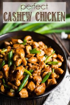 cashew chicken in a bowl with green beans