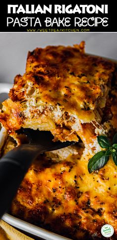 a white plate topped with lasagna and cheese covered in melted cheese, basil