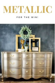 the front cover of metallic for the win, featuring an ornate dresser with gold paint