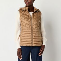 This Liz Claiborne women's puffer vest will add a chic and warm finish to your cold-weather looks. Made from a quilted material, this lined midweight style has snap and zip closures, side slip pockets, and it's packable for added convenience. Wear it over a sweater with jeans and boots.Features: PackableClosure Type: ZipperPockets: 2 Front Zip PocketsWarmth Factor: LightweightApparel Length: 32 InchesOuterwear Length: MidFiber Content: 100% NylonFabric Description: WoolenLining: LinedLining Mate Puffer Vests, Womens Puffer Vest, Puffer Vest, Liz Claiborne, Cold Weather, Puffer, How To Wear