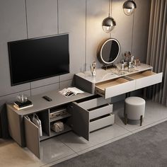 a bathroom vanity with two drawers and a large mirror on the wall next to it