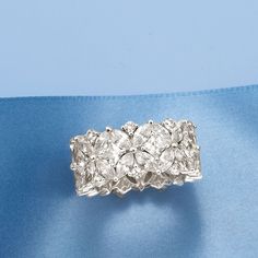 Ross-Simons - 7.30 ct. t. w. Multi-Shaped Cubic Zirconia Eternity Band Ring in Sterling Silver. Size 7. With 7.30 ct. t. w. CZs set in sterling silver, this fanciful floral eternity band is more affordable than it looks. A myriad of marquise, princess-cut and round brilliant-cut CZs form an endless garland of sparkle along the ring. 3/8" wide. CZ eternity band. CZ weights are diamond equivalents. Anniversary Rings For Her 20th, Anniversary Rings For Her, Lace Ring, Jewels Rings, Sterling Silver Rings Bands, Eternity Band Ring, Cz Jewelry, Wide Band Rings, Band Engagement Ring