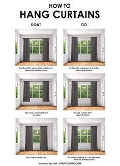 the instructions for how to hang curtains in an empty room with wood floors and windows