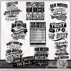 a bunch of different types of hairdressers on a white background with black lettering