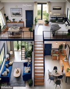 this is an aerial view of a living room and dining area in a modern house