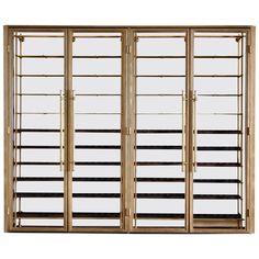 an open window with wooden slats on the sides and glass doors to each side