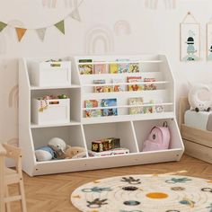 a child's room with toys and bookshelves