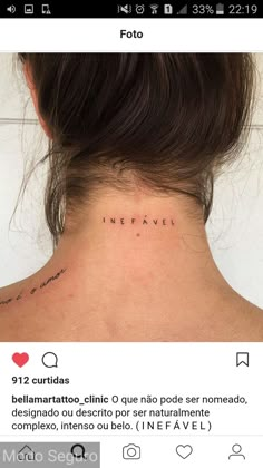 a woman's neck with the word in spanish written on her left upper back