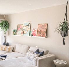 a living room with white couches and hanging plants on the wall above them in front of a window