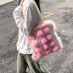 This delicate and soft bag is adorned with pink pom poms. Perfect for casual outings and school, it effortlessly captures the essence of the Soft Girl Aesthetic Size: 36*33*8cm / 14.2*13*3.1 inMaterial: Polyester Minimalist Aesthetic Outfit, Fluffy Tote Bag, Fluffy Pom Poms, Aesthetic Store, Indie Aesthetic Outfits, Pink Pom Poms, Fairy Grunge Aesthetic, Minimalist Clothes, Aesthetic Stores