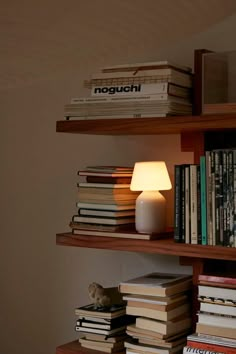 a book shelf filled with books next to a lamp