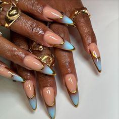 Long Oval Nails Acrylics, Two Tone French Tip Nails, Long Almond French Tip Nails, French Oval Nails, Nails Acrylic Ombre, Stiletto French Tip, Greek Goddess Nails, Blue Nails Acrylic, Long Oval Nails