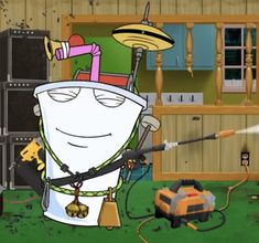 an animated image of a cartoon character in front of a garage filled with tools and equipment