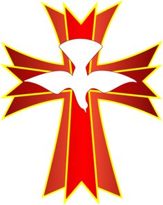 a red and yellow cross with a white dove on it