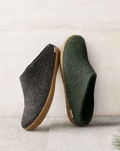 Danish design with clean lines, these farm-to-foot slippers are handmade in pure wool from Denmark and New Zealand. Moisture wicking and temperature regulating, the flexible felted wool molds to the foot for year-round comfort.  By Glerups.  Man-made sole.  Due to the inherent qualities of the wool, there may be traces of vegetable fibers in the felt, and the slippers may shed during the first few days of wear; simply remove. Felt Shoes, Wool Slippers, Garnet Hill, Men's Footwear, Men's Clothes, Felted Wool, Slipper Shoes, Mens Slippers, Flat Espadrille