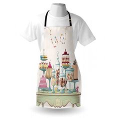 the apron is decorated with cakes and desserts