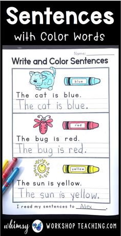 sentence worksheet with color words for kids to use in their writing and spelling skills