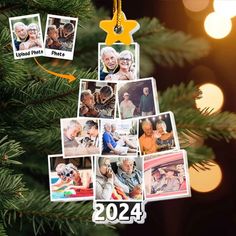 a christmas tree ornament with photos hanging from it