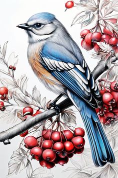 a painting of a blue bird sitting on a branch with berries and leaves around it