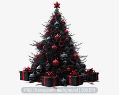 a black and red christmas tree surrounded by presents