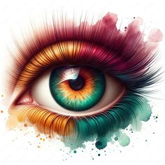 an eye with colorful feathers on it's irise and watercolor paint splatters