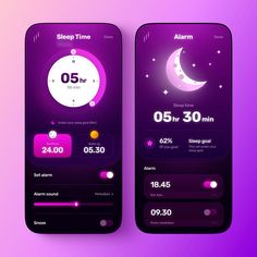 two smartphones showing sleep time and alarm clock on the screen, with purple background