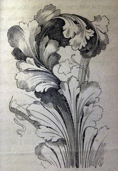 an old book with flowers and leaves on the page, which is written in black and white