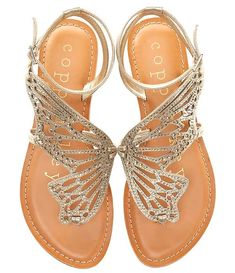 Copper Key Flutter Metallic Rhinestone Butterfly Thong Sandals | Dillard's Gold Flat Sandals, Bronze Sandals, Sparkle Flats, Butterfly Sandals, Shimmer Fabric, Pretty Sandals, Box Braids Hairstyles For Black Women, Copper Key, Braided Hairstyles For Black Women