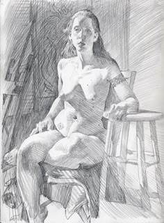 a pencil drawing of a woman sitting in a chair with her legs crossed on a stool