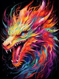 a colorful dragon with its mouth open and it's teeth painted in bright colors