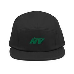 a black hat with green ny embroidered on the front and side, against a white background