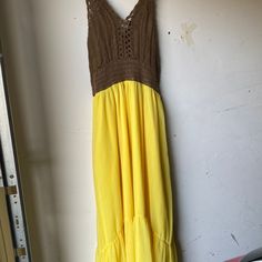 Zara Knit Midi Dress Yellow Brown Dress Nwot Fitted Bohemian Knit Maxi Dress, Casual Brown Knitted Dress, Casual Knitted Brown Dresses, Spring Knit Maxi Dress For Day Out, Long Bohemian Knit Dress, Casual Knitted Maxi Dress, Knit Maxi Dress For Vacation, Summer Knit V-neck Dresses, Knit Maxi Length Dress For Vacation