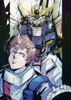 an image of two people in front of a giant robot that is standing next to each other