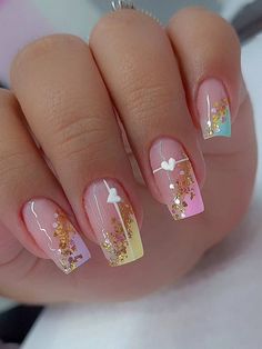 Multicolor  Collar    Color Nails Embellished   Beauty Tools Short Fake Nails, Nagel Tips, Colorful Nails, Manicure Tips, Nail Type, Fake Nails With Glue, Fake Nail, Heart Nails