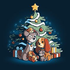 a cartoon christmas tree with two dogs and a puppy sitting next to each other in front of it