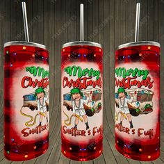 two red christmas tumblers with an image of a woman on the front and back