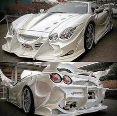 two pictures of a white sports car in different stages of being painted to look like it is