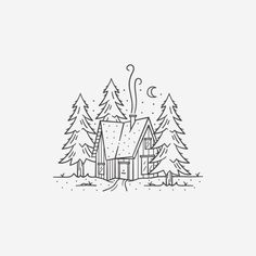 a black and white drawing of a house in the woods