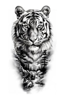 a black and white drawing of a tiger with trees on it's back side