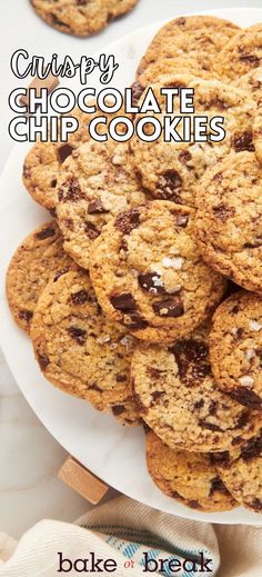 chocolate chip cookies on a white plate with text overlay that reads glubsy chocolate chip cookies